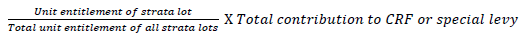 {Unit Entitlement of Strata Lot divided by Total Unit Entitlement of all Strata Lots and then multiplied by Total Contribution to CRF or Special Levy}