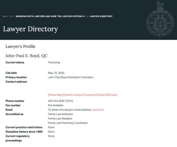 Sample lawyer profile from the website of the Law Society of British Columbia