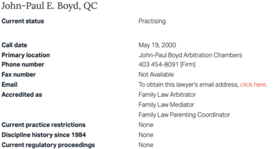Example of a lawyer's entry in the Law Society of British Columbia's Lawyer Director